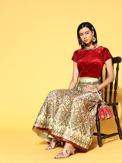Women Maroon & Golden Sequinned Velvet Stretchable Blouse - Inddus.in