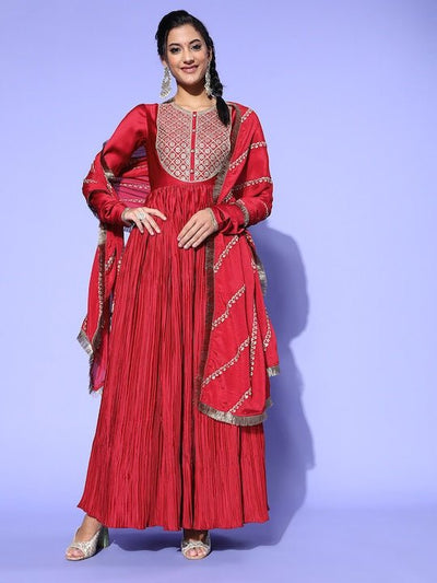 Women Maroon & Silver Embroidered Kurta - Inddus.in