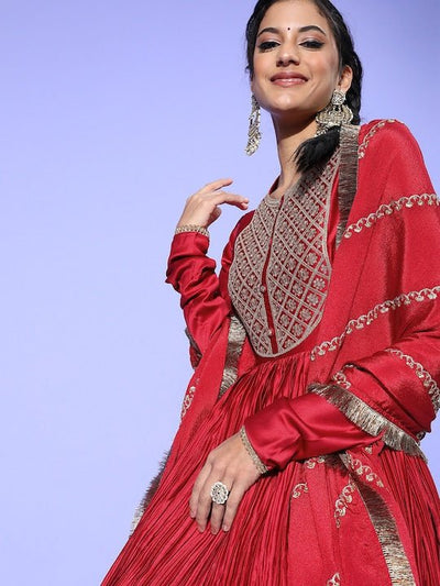 Women Maroon & Silver Embroidered Kurta - Inddus.in