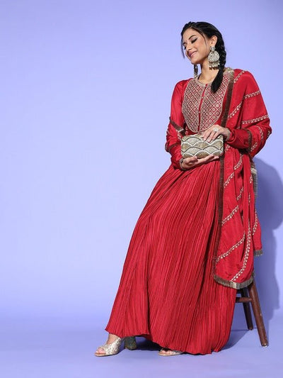 Women Maroon & Silver Embroidered Kurta - Inddus.in