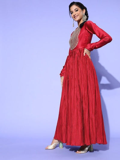 Women Maroon & Silver Embroidered Kurta - Inddus.in
