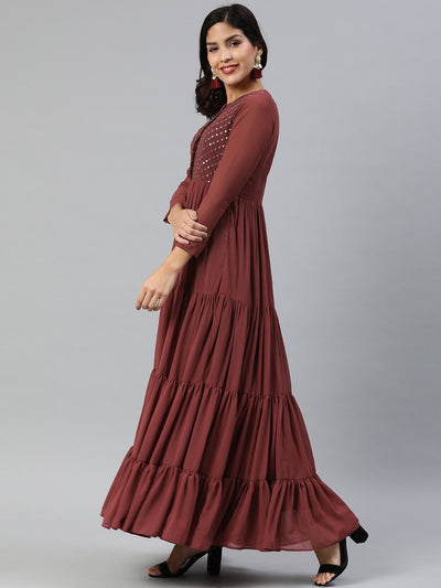 Women Maroon Solid Fit and Flare Dress With Embellishment - Inddus