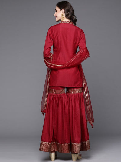 Maroon Yoke Design Kurta with Sharara & Dupatta