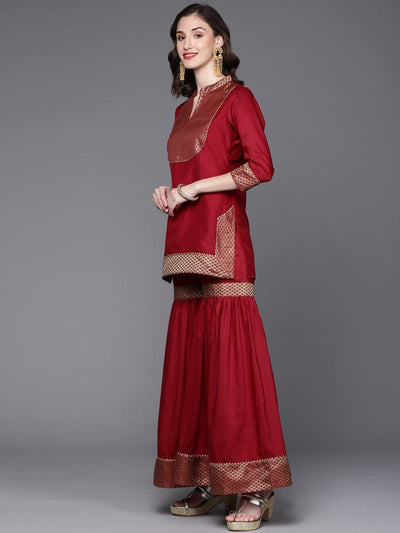 Women Maroon Yoke Design Gotta Patti Kurti with Sharara & Dupatta - Inddus.in