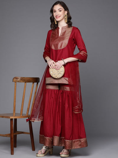 Women Maroon Yoke Design Gotta Patti Kurti with Sharara & Dupatta - Inddus.in
