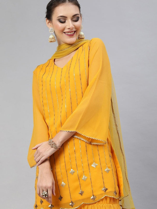 Buy Yellow Georgette Embroidery Crystal Placement Jacket Kurta And Pant Set  For Women by Tamaraa By Tahani Online at Aza Fashions.