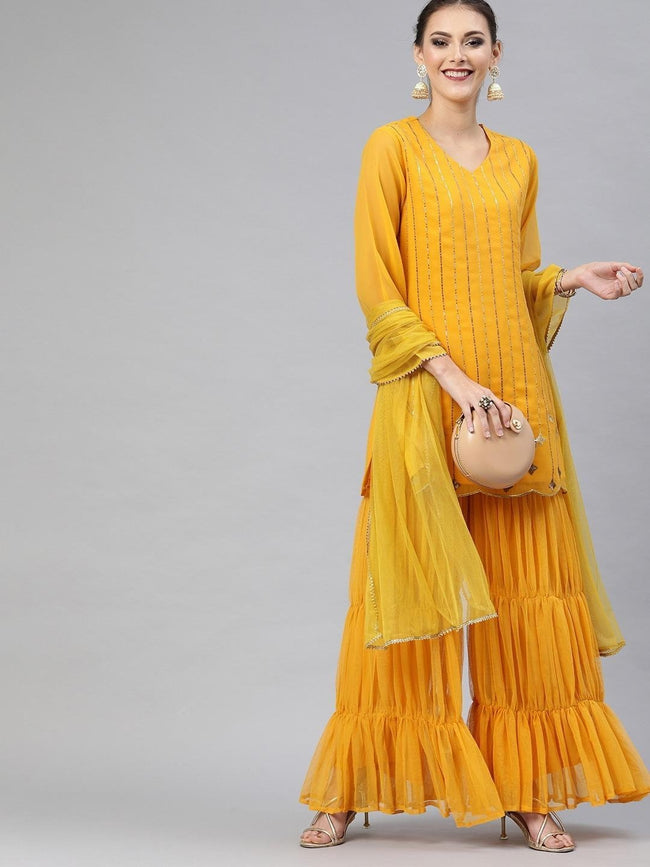 Mustard Rayon Sequins and Thread Embroidered Neck Kurti – Meena Bazaar