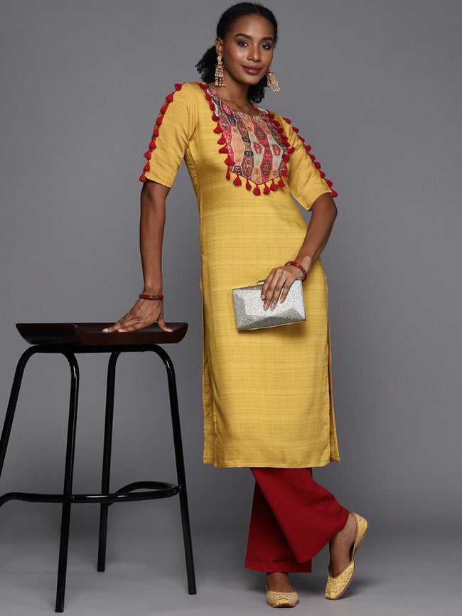 Mustard Rayon Solid Kurta with Palazzo and Scarf – Janasya.com