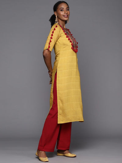 Women Mustard Yellow & Red Ethnic Motifs Printed Kurta - Inddus.in