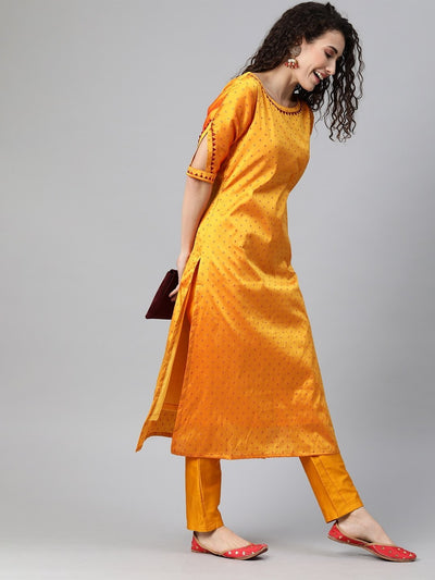 Women Mustard Yellow & Red Woven Design Kurta with Trousers - Inddus