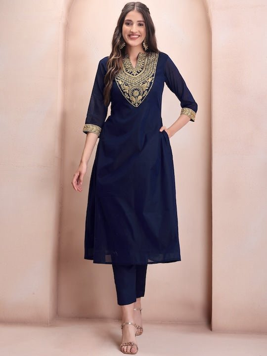 Cotton Kurta Blue Kurta For Girl Women Navy Blue Paisley Yoke Design Regular Chanderi Cotton Kurta Cotton Kurta Blue Kurta For Girl Women Navy Blue Paisley Yoke Design Regular Chanderi Cotton Kurta