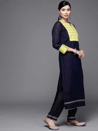 Women Navy Blue & Yellow Yoke Design Gotta Patti Chanderi Kurta with Trousers & Dupatta - Inddus.in