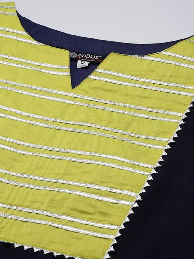 Women Navy Blue & Yellow Yoke Design Gotta Patti Chanderi Kurta with Trousers & Dupatta - Inddus.in