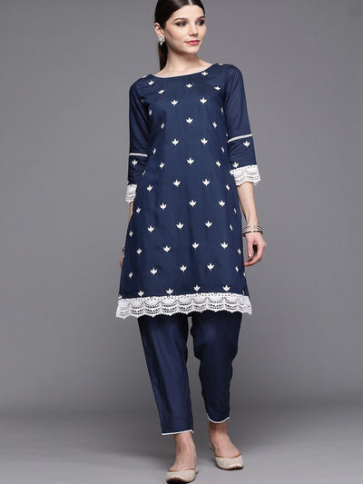Women Navy & White Chanderi Cotton Embroidered Kurta with Trousers - Inddus