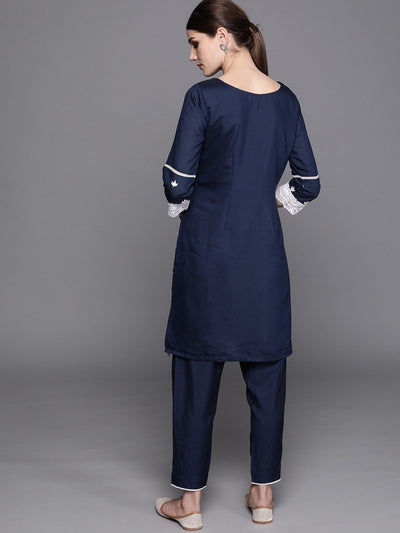 Women Navy & White Chanderi Cotton Embroidered Kurta with Trousers - Inddus