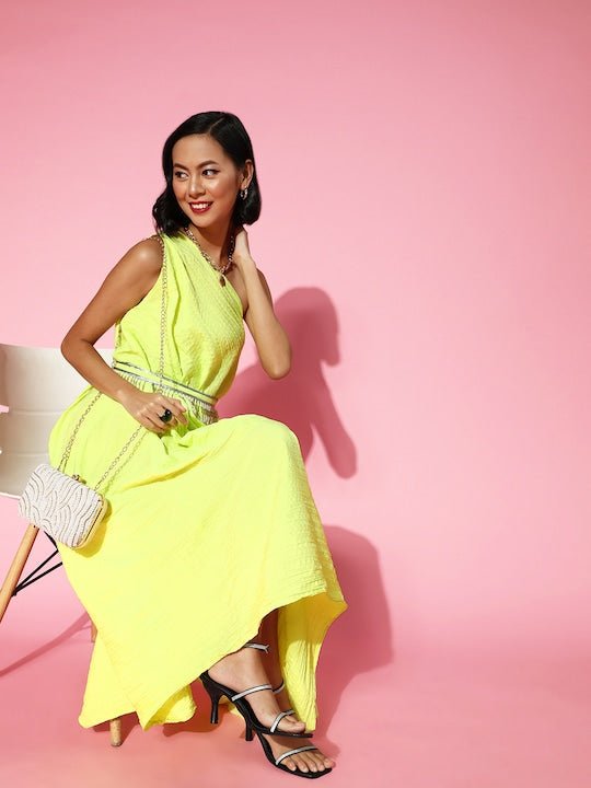 Women Neon Yellow Accordion Pleated One Shoulder Dress with Embellishe  Inddus.in
