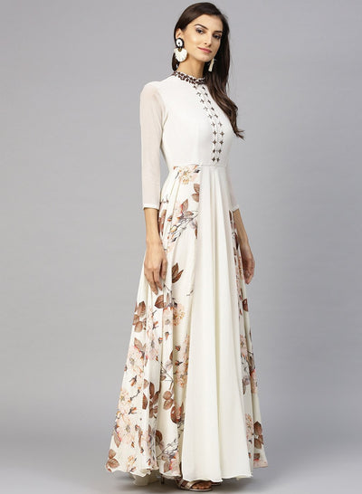 Women Off White & Brown Printed Maxi Dress - Inddus