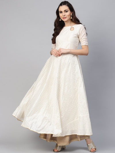 Women Off-White & Golden Checked Anarkali Kurta - Inddus