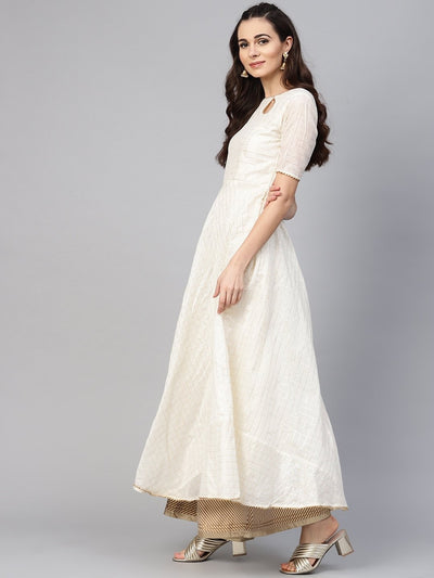 Women Off-White & Golden Checked Anarkali Kurta - Inddus