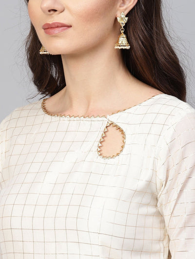 Women Off-White & Golden Checked Anarkali Kurta - Inddus