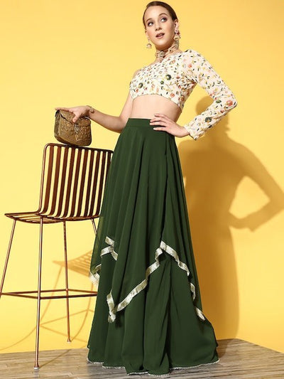 Women Off White & Green Embroidered One Shoulder Top With Skirt - Inddus.in