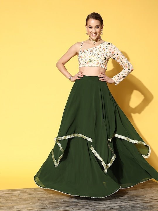 Green White Embroidered Shoulder Top With Skirt For Women–