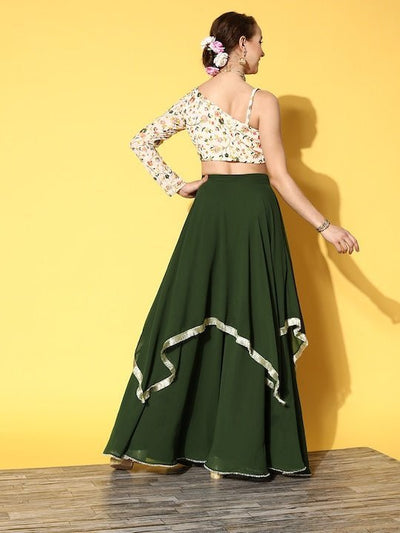 Women Off White & Green Embroidered One Shoulder Top With Skirt - Inddus.in