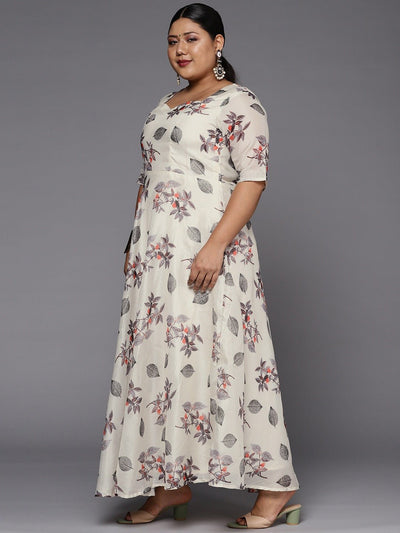 Women Off White & Grey Floral Printed Plus Size Anarkali Kurta With Dupatta - Inddus.in