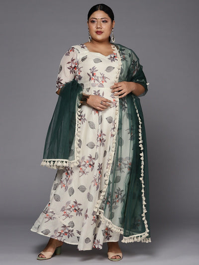 Women Off White & Grey Floral Printed Plus Size Anarkali Kurta With Dupatta - Inddus.in