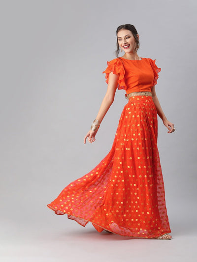 Women Orange Solid Embellished Detail Crop Top with Woven Design Skirt - Inddus.in
