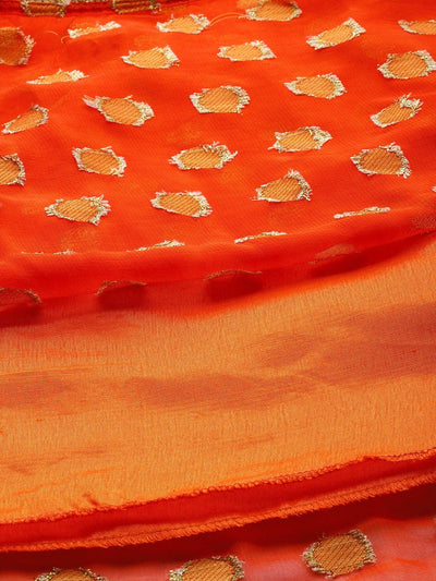 Women Orange Solid Embellished Detail Crop Top with Woven Design Skirt - Inddus.in