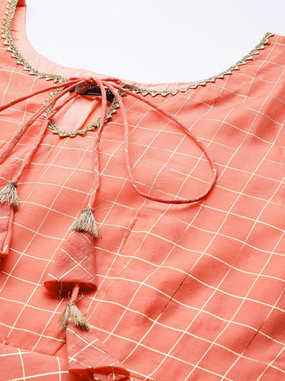 Women Peach-Coloured Checked Tie-Up Neck Gotta Patti Kurta - Inddus.in