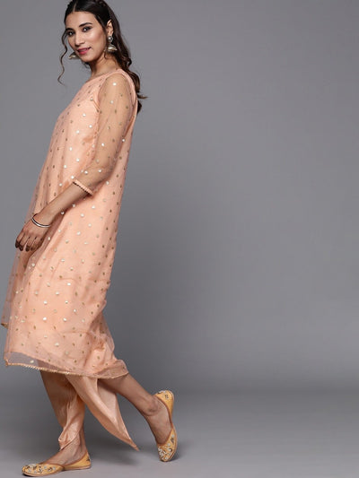 Women Peach-Coloured Embroidered Kurta with Dhoti Pants - Inddus