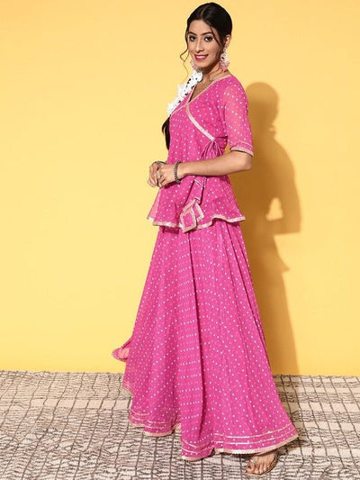 Women Pink Bandhani Printed Tie up Top Skirt - Inddus.in