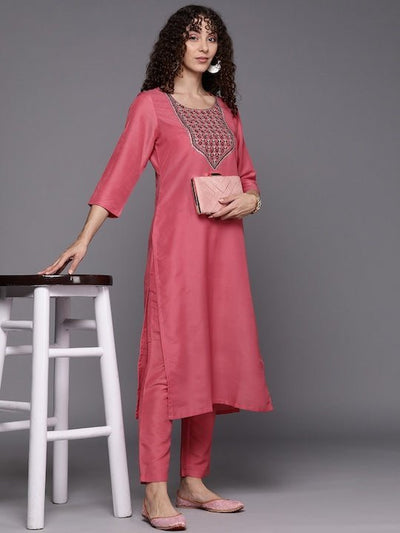 Women Pink Floral Yoke Design Kurta with Trousers - Inddus.in