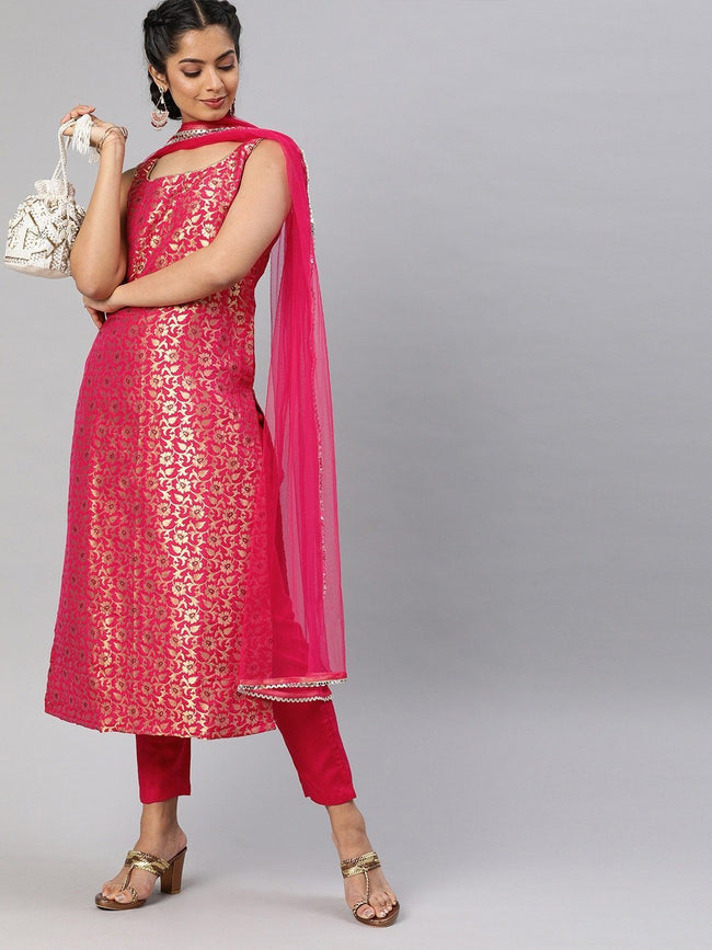 Amusing Women Pink Gold-Toned Woven Design Brocade Kurta with