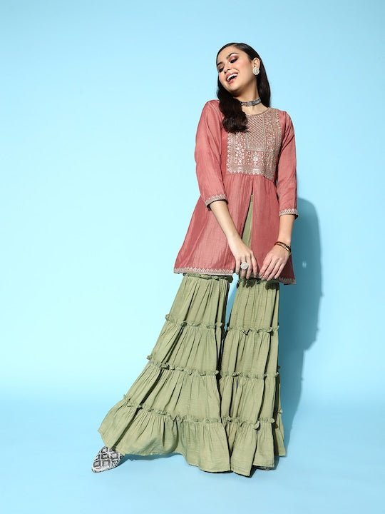 Embroidered Cotton Short Kurti With Sharara And Dupatta at Rs 1295/piece in  Noida