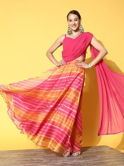 Women Pink & Orange Printed Top & Skirt - Inddus.in