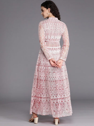 Women Pink & White Embroidered High Slit Thread Work Kurta with Trousers - Inddus.in