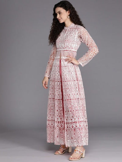 Women Pink & White Embroidered High Slit Thread Work Kurta with Trousers - Inddus.in