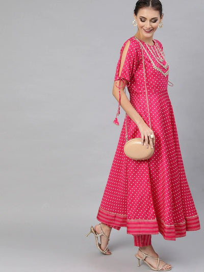 Women Pink & White Printed Kurta with Trousers - Inddus.in