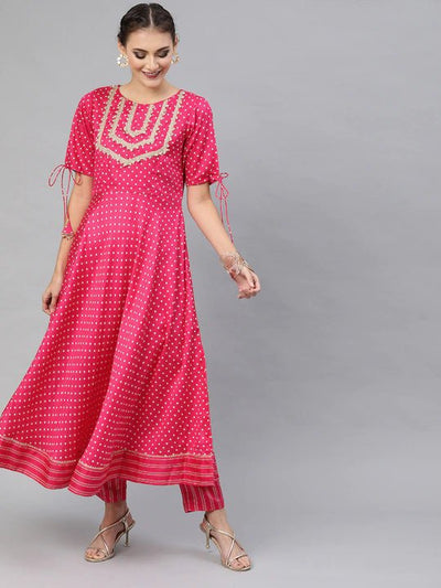 Women Pink & White Printed Kurta with Trousers - Inddus.in