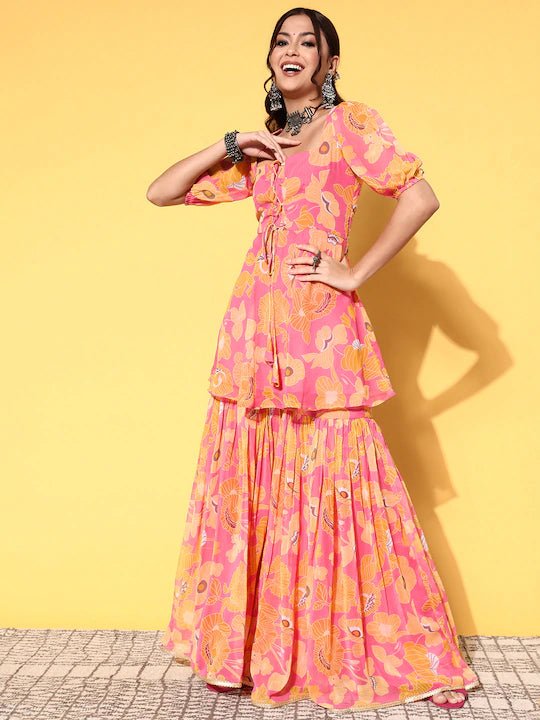 Yellow floral & polka dot designs printed 3/4th sleeve cotton straight-cut  kurti