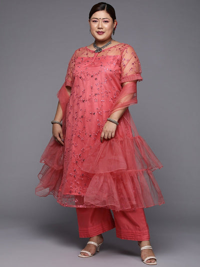 Women Plus Size Coral Pink Floral Sequinned Kurta with Palazzos & Dupatta - Inddus.in