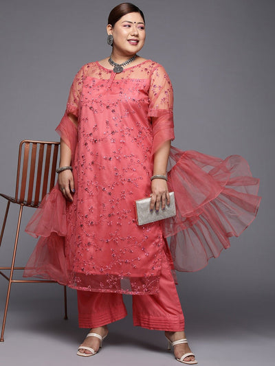Women Plus Size Coral Pink Floral Sequinned Kurta with Palazzos & Dupatta - Inddus.in