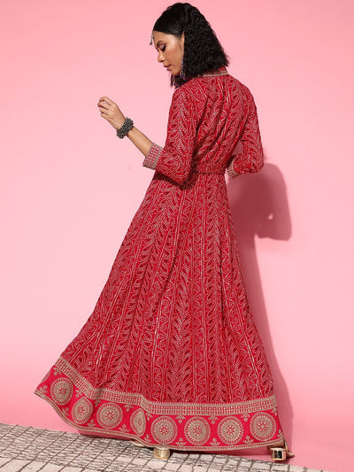 Women Pretty Pink Ethnic Motifs Ethereal Embroidery Dress - Inddus.in