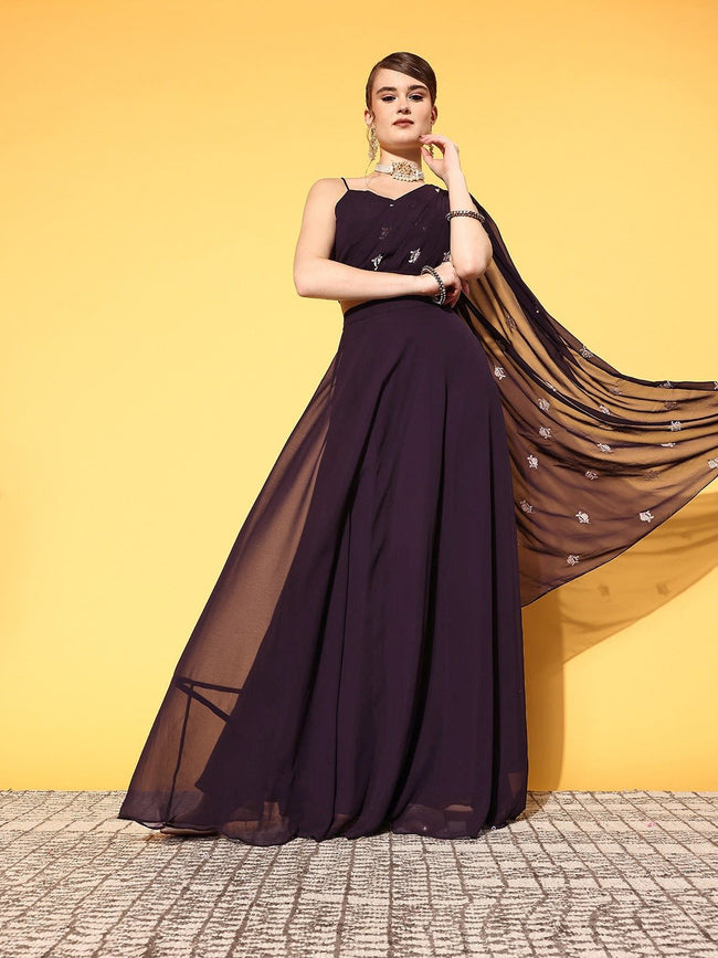 Women Purple Floral Embroidered Thread Work Top & Skirt Inddus.in
