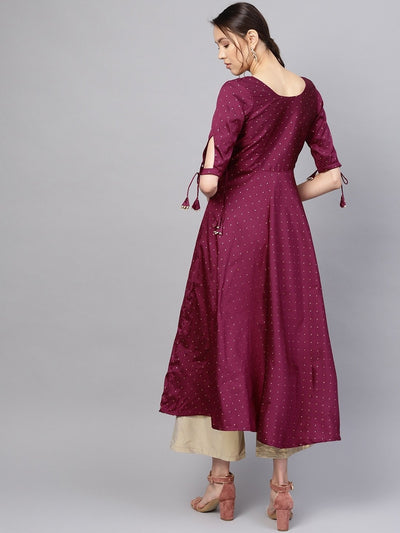 Women Purple & Golden Woven Design A-Line Kurta - Inddus