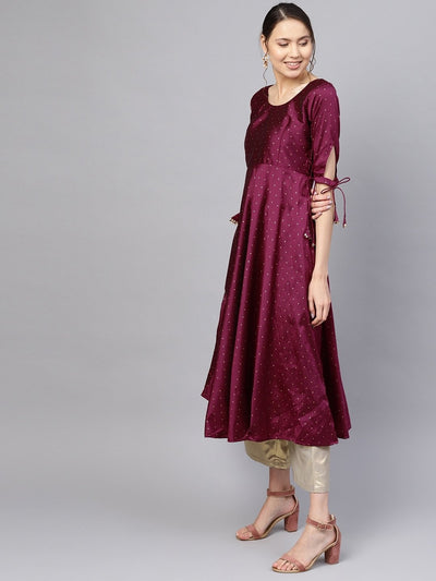 Women Purple & Golden Woven Design A-Line Kurta - Inddus