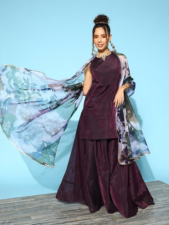 Women Purple Yoke Design Chanderi Cotton Kurti With Skirt & Dupatta–